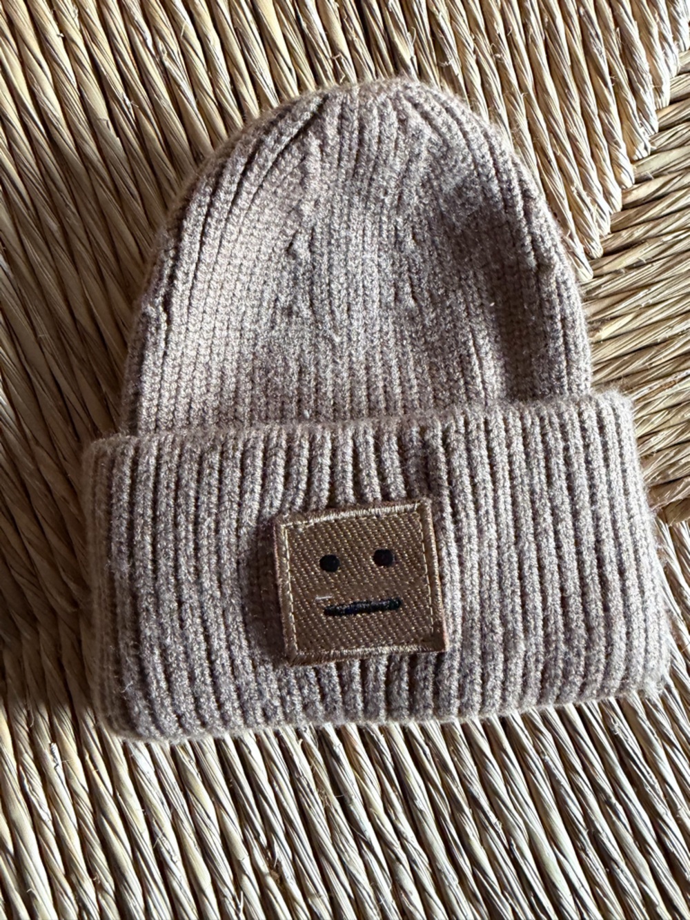 Acne Neutral Beige Knit Beanie with Face Patch